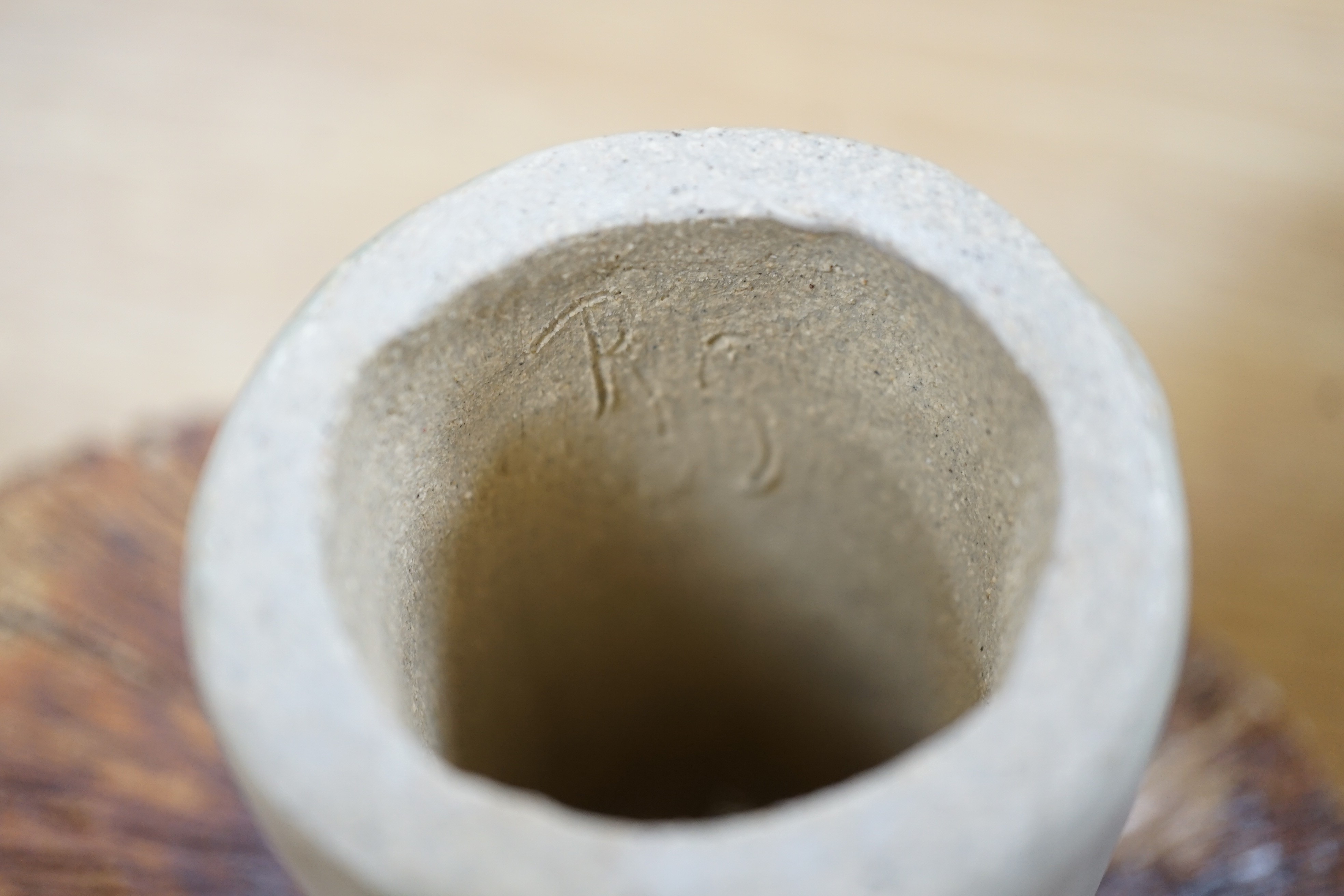 Ruth Sulke - two studio glazed stoneware ‘mushroom’ vases, together with a small studio pottery jardiniere, tallest 21cm